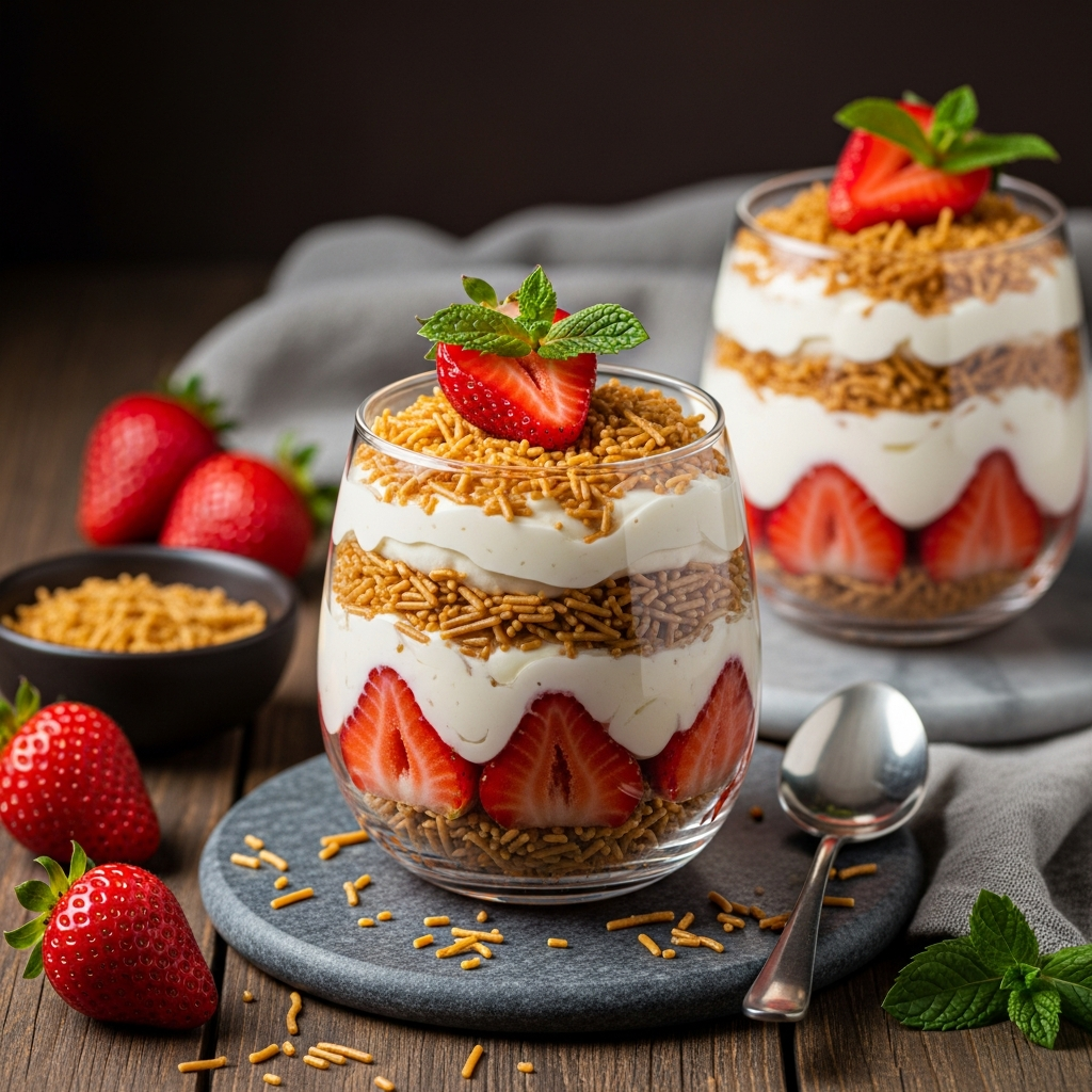 Creamy Strawberry parfait with crunchy vermicelli